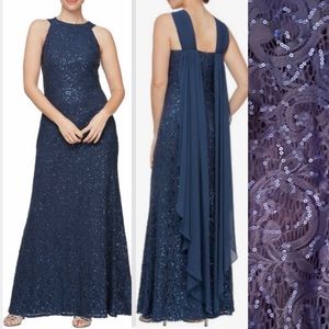 Alex & Eve
Sequin & Lace
Drape Back
Gown Size 14 Navy Blue